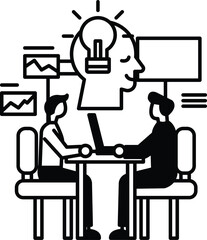 men sitting at a table with a light bulb on their heads