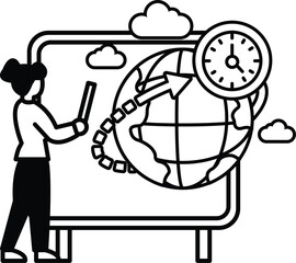 woman is drawing a globe with a clock on it