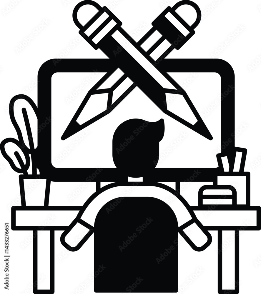 Poster man is sitting at a desk with a computer monitor and a pair of pencils