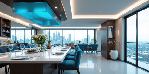 Tech-enhanced dining room in ocean blue, with AI-assisted meal preparation stations that assist in creating gourmet dishes based on dietary