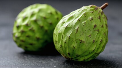 Whole custard apples close-up, Green tropical fruit duo, Natural food ingredient for diet concept