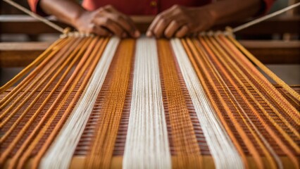 Craftsman weaving colorful threads on a loom, showcasing intricate textile patterns and craftsmanship.
