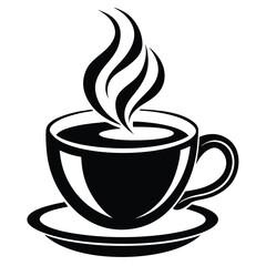 Stylized Black & White Coffee Cup Silhouette with Steaming Aroma on White Background
