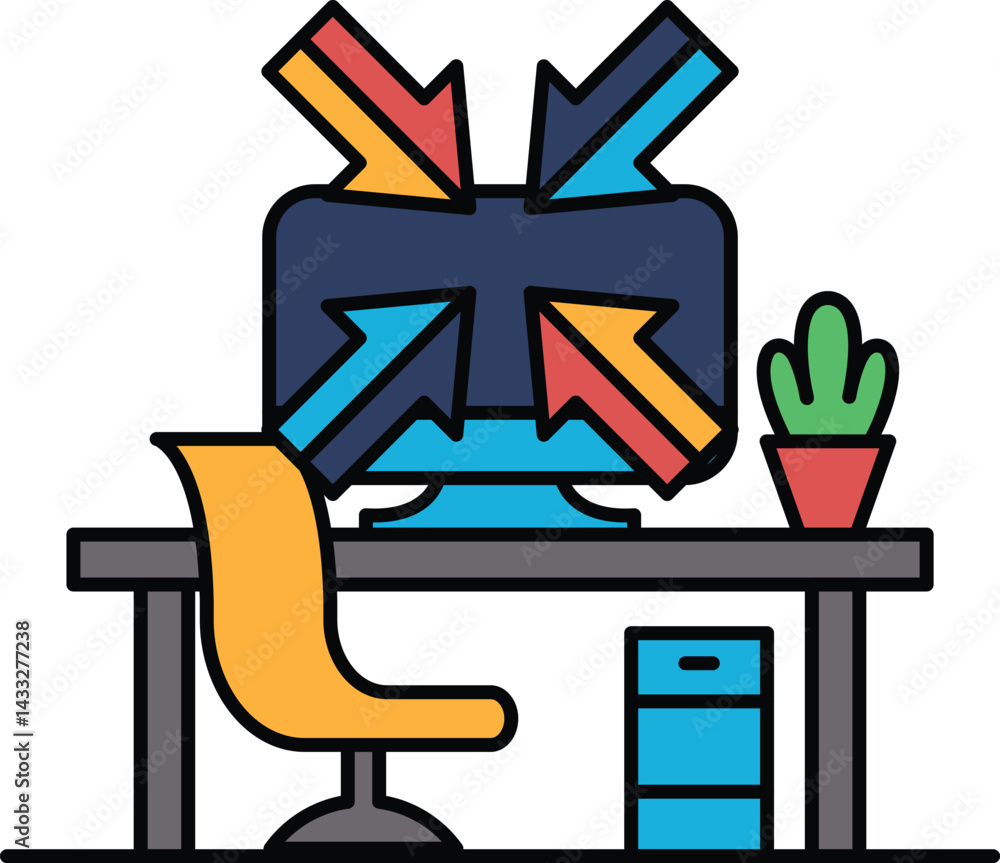 Poster a computer monitor with arrows pointing to it and a plant in a pot