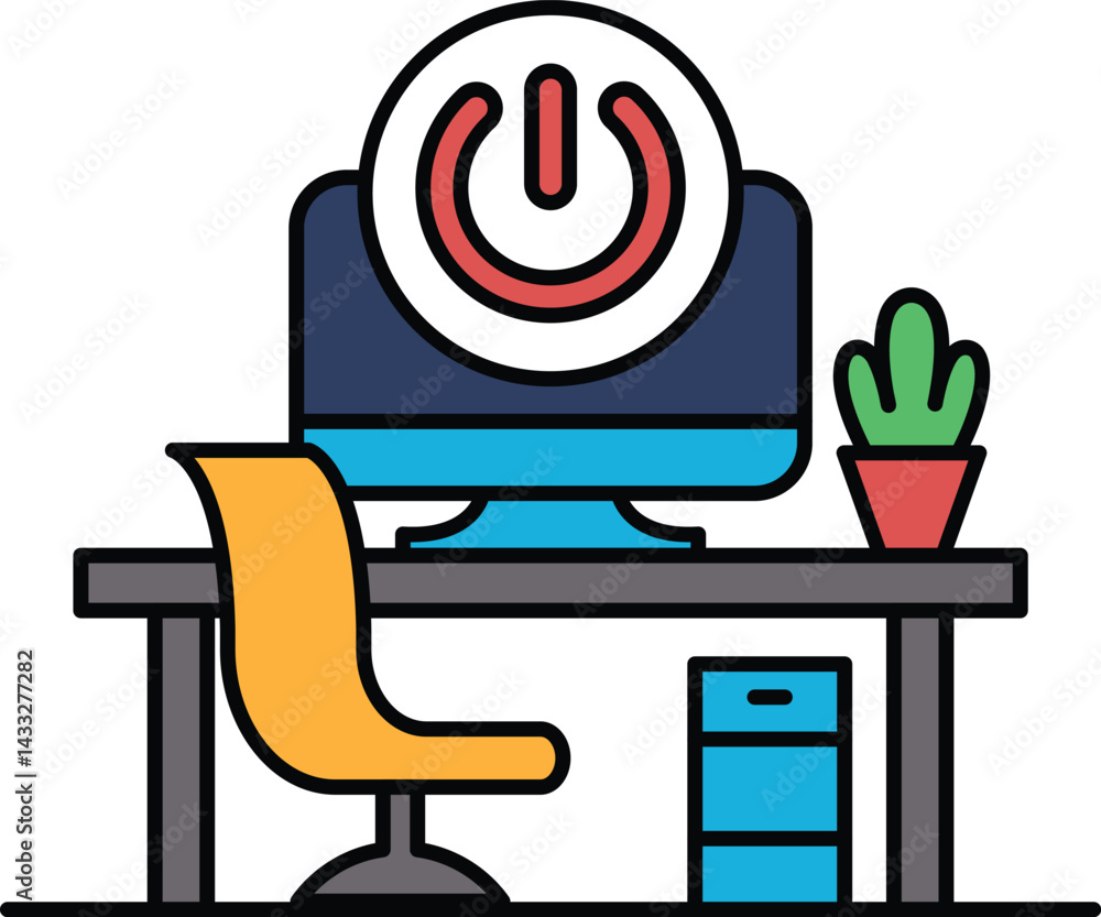 Poster a computer monitor with a power button on it sits on a desk with a yellow chair