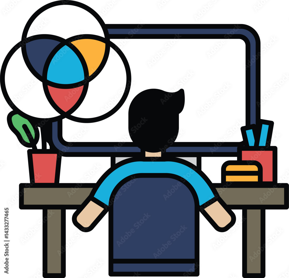 Poster a man is sitting at a desk with a computer monitor in front of him