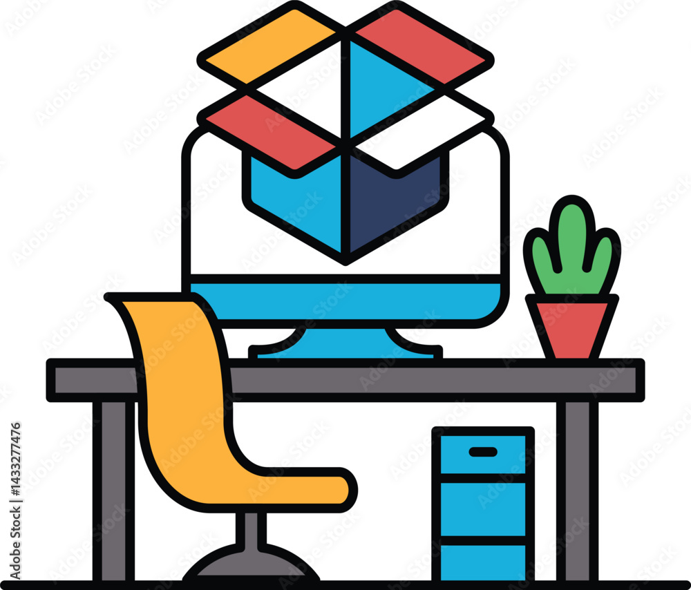 Poster a computer monitor sits on a desk with a box in the foreground