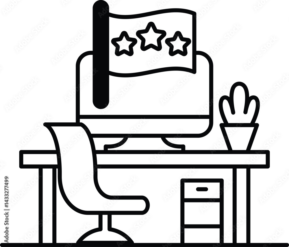 Poster computer monitor sits on a desk with a flag and three stars in the background