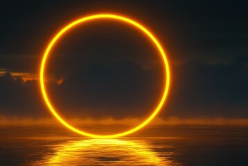 A glowing circular light hovers over calm water during dusk