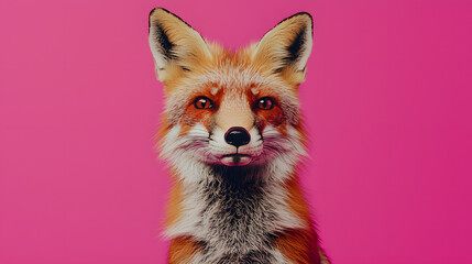 Obraz premium Fox on Pink: A captivating studio portrait of a red fox, its intelligent eyes and striking features set against a vibrant pink backdrop, creating a visually arresting image.