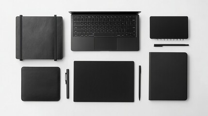 Aerial flat lay of stylish black laptop and notebook on minimalist white desk, showing monochrome aesthetic and modern office space concept.