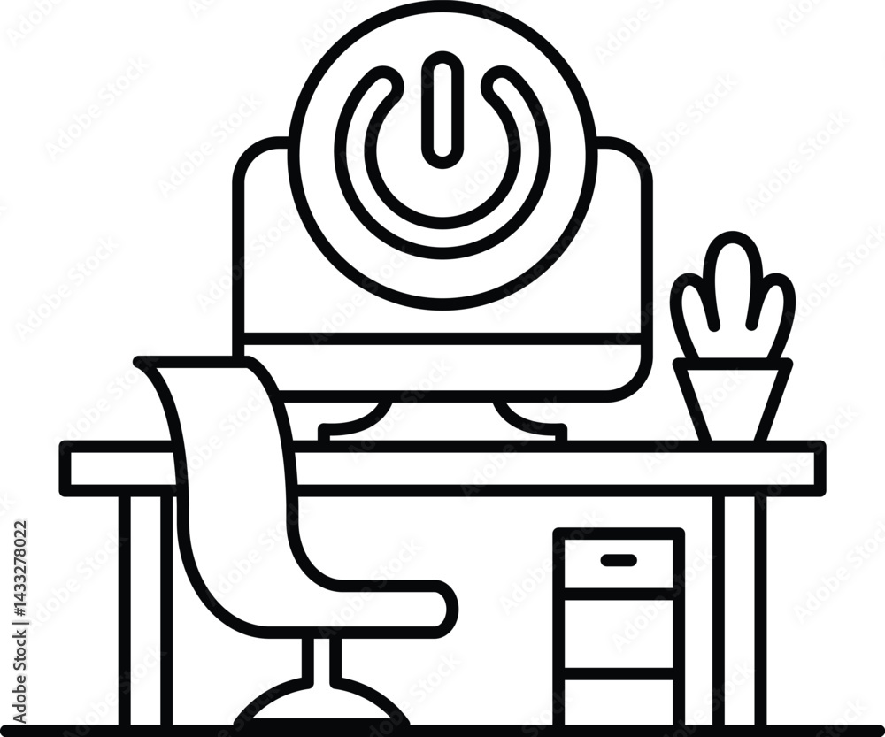 Poster computer monitor with a power button on it sits on a desk with a chair