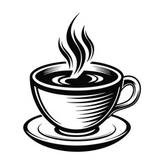 Cup of Hot Drink with Steam Silhouette, Beverage, Black and White, Saucer, Classic