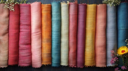 Row of Rolled Textured Fabrics in Earthy Tones with Floral Accen