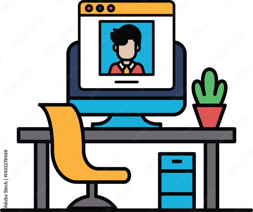 Poster a computer monitor with a man's face on it sits on a desk with a chair