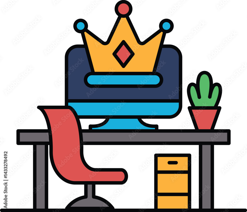 Poster a computer monitor sits on a desk with a red chair in front of it