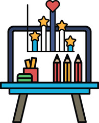 A blue table with a drawing board and a heart on it