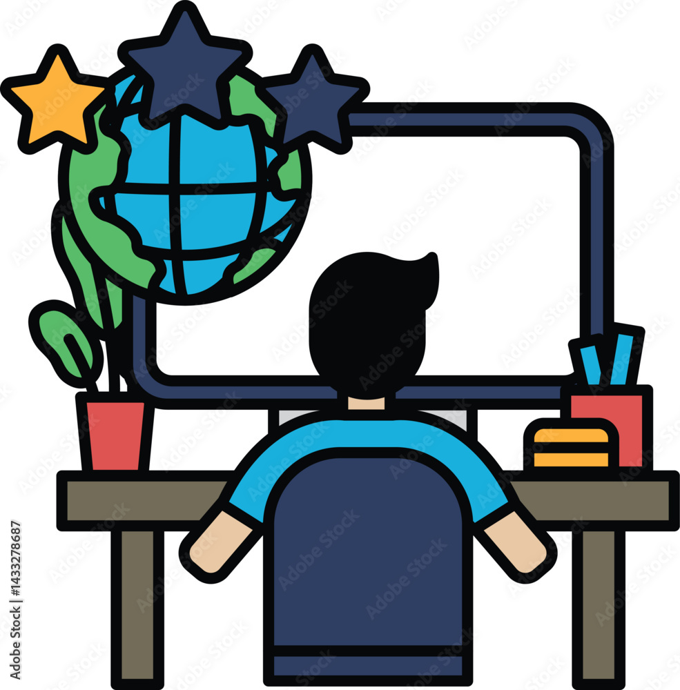 Poster a man is sitting at a desk with a computer monitor in front of him