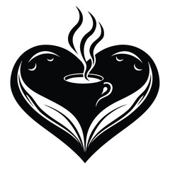 Coffee Cup Inside Heart Shape, Steam Rising, Floral Elements, Black and White