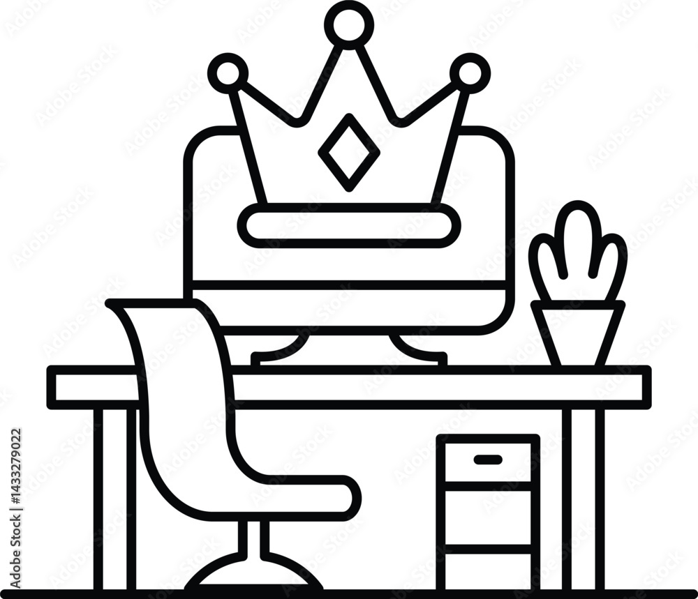 Poster computer monitor sits on a desk with a chair in front of it