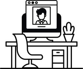 computer monitor with a man face on it sits on a desk with a chair