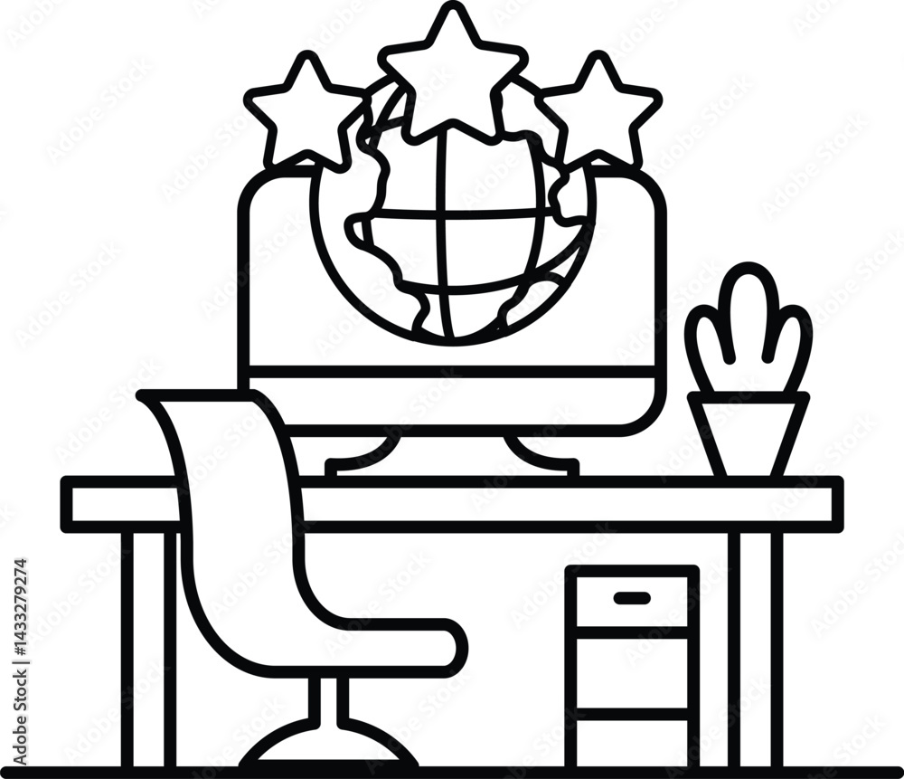 Poster computer monitor with a globe and three stars on it