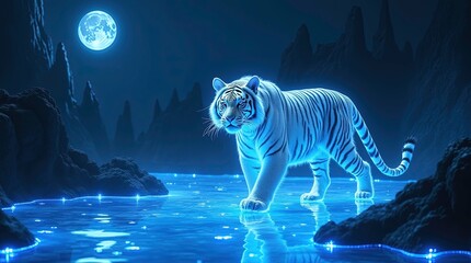 A digital tiger crafted with blue neon and wireframe design walks majestically under a serene, starry sky in full moon, reflecting a modern blend of nature and technology, Generative AI