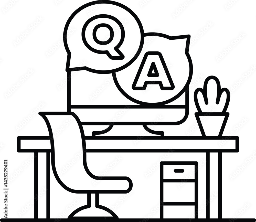 Poster computer monitor with a q and a on it sits on a desk with a chair