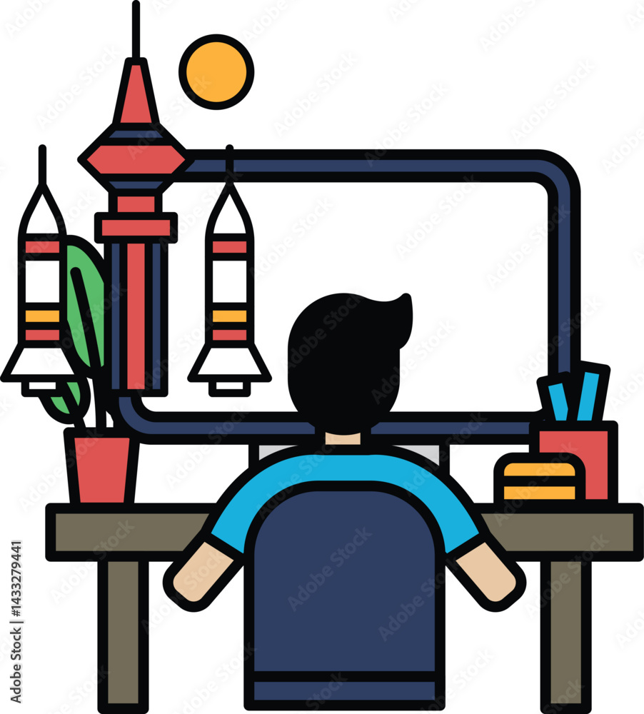 Poster a man is sitting at a desk with a computer monitor in front of him