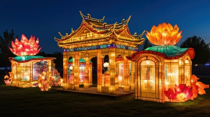 Chinese lanterns illuminate, showcasing traditional architecture, glowing displays, cultural heritage, celebration, Asian art.