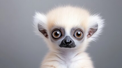 Obraz premium Close-up portrait of an adorable baby lemur with big eyes and fluffy white fur against a soft grey background.
