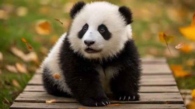 Baby panda sitting on wooden surface surrounded by autumn leaves