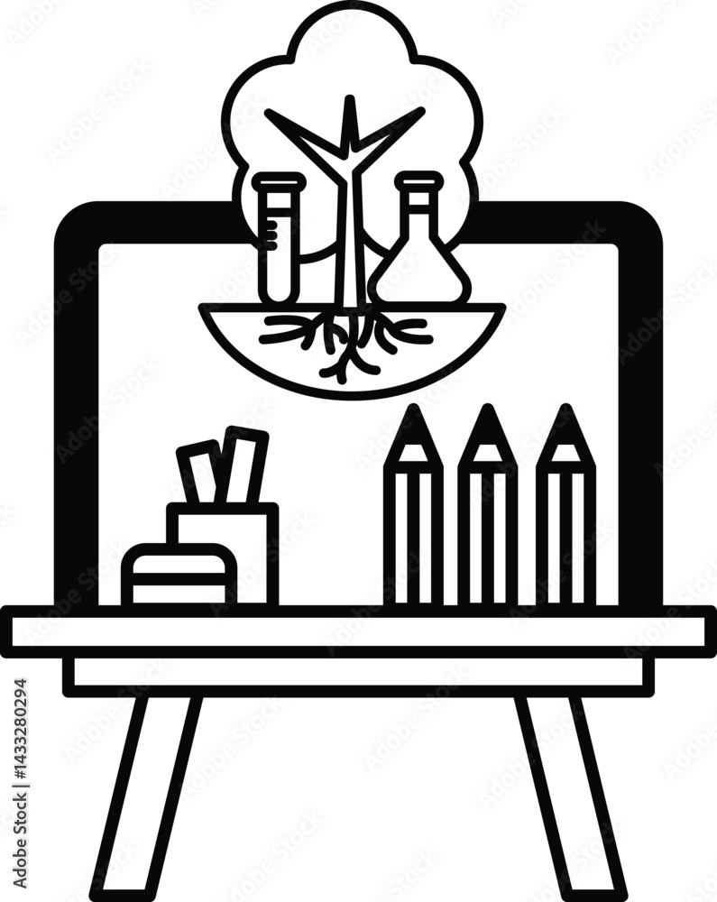 Poster drawing of a tree with a lab bench and a pencil holder