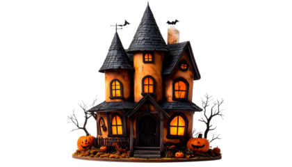 Halloween concept, tiny haunted house model, isolated on transparent background png.
