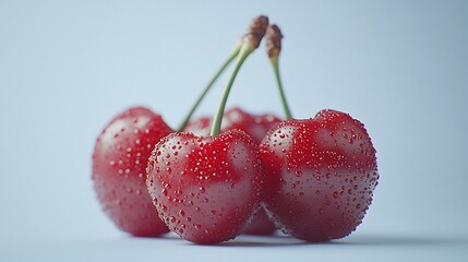 Cluster of fresh cherries with water droplets on stems isolated on white background enhancing their appeal