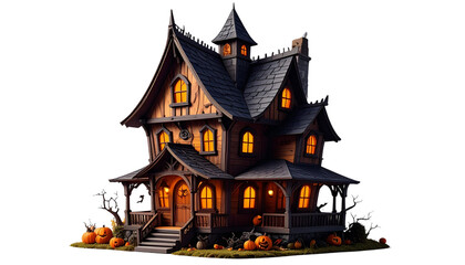 Halloween concept, tiny haunted house model, isolated on transparent background png