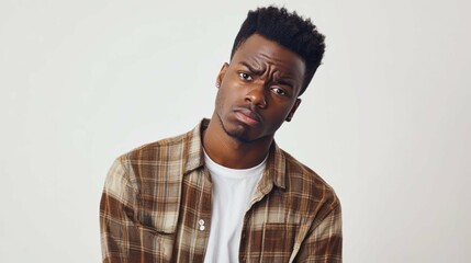 Obraz premium African American man appears skeptical, frowns in disbelief, showing concern, wearing plaid shirt, tee.