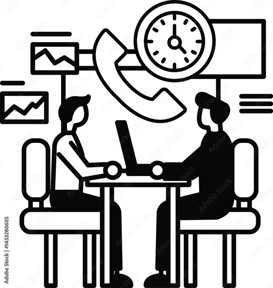 Poster men sitting at a table with a clock in the background