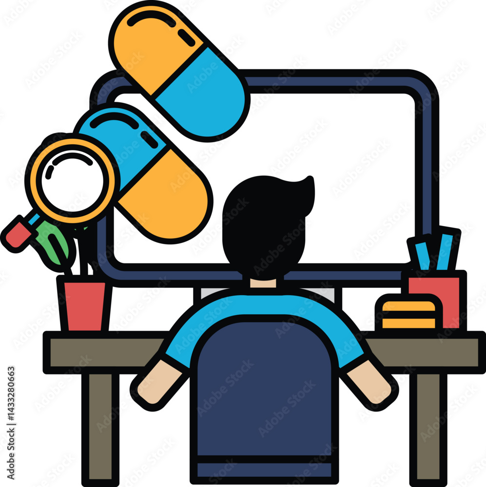 Poster a man is sitting at a desk with a computer monitor in front of him