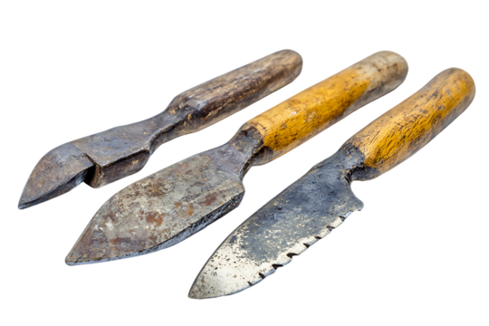 Aged Hand Tools: Forged Steel Blades with Wooden Handles, Rustic and Well-Worn.