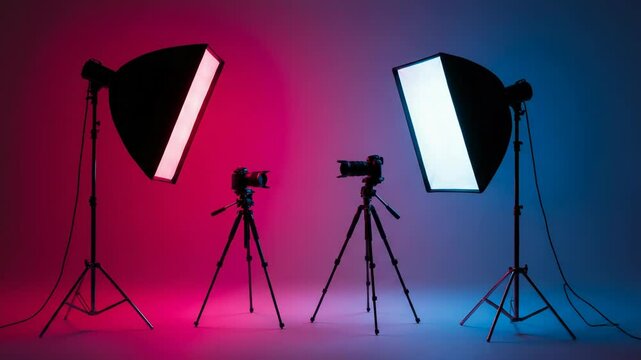 Two cameras on tripods with softbox lighting in a studio with pink and blue gradient background