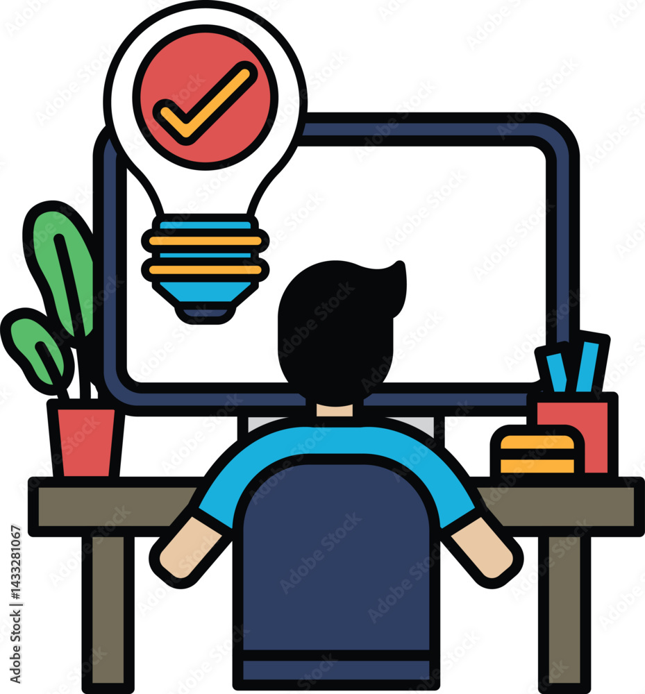 Poster a man is sitting at a desk with a computer monitor in front of him