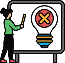 A woman is drawing a light bulb on a white board