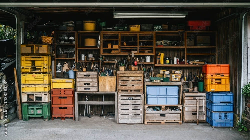Poster a cluttered workshop filled with tools and storage containers
