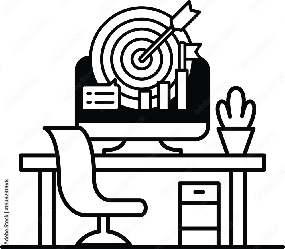 Poster computer monitor with a bullseye on it sits on a desk with a chair