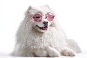 Fototapeta premium A fluffy Samoyed dog wearing oversized, retro pink sunglasses, head tilted inquisitively, looking cool and relaxed