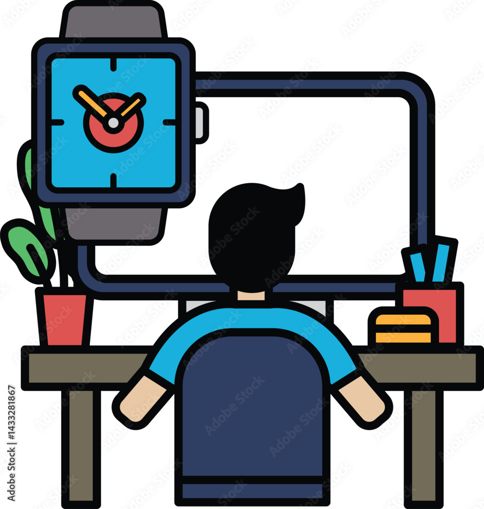 Poster a man is sitting at a desk with a computer monitor and a watch
