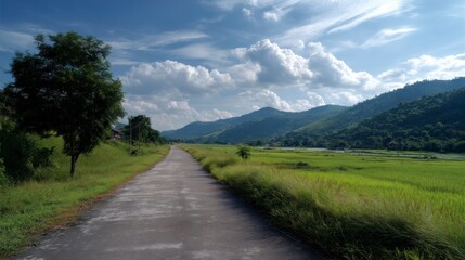 Fototapeta premium Walking the Road Through Lush Green Fields Towards Distant Mountains