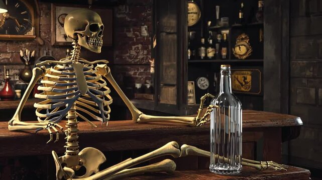 Skeleton with a bottle of alcohol.