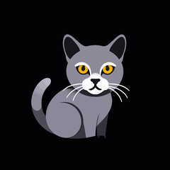 Fototapeta premium Cute_Gray_Cartoon_Cat_Illustration-Yellow_Eyes-Black_Background